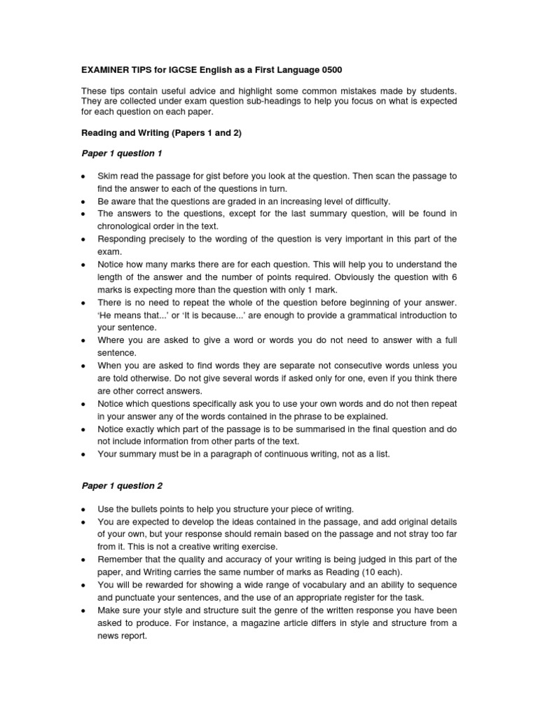 IGCSE English 0500 Examiner Tips | PDF