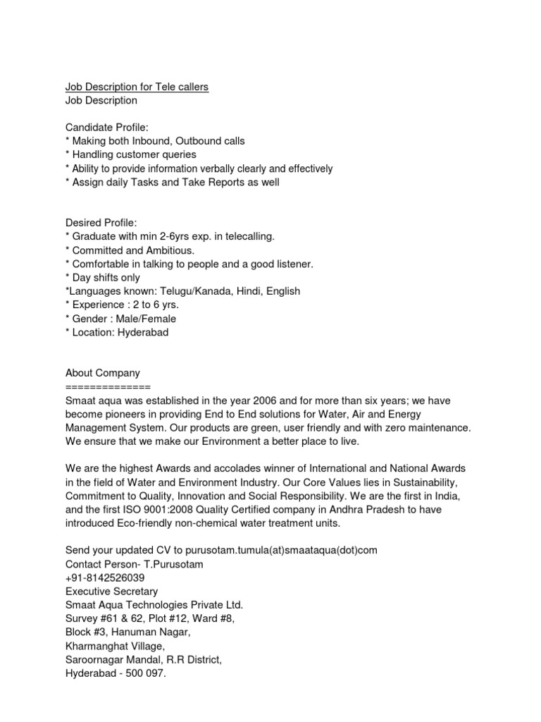 Job Description For Tele Callers | PDF | Finance & Money Management