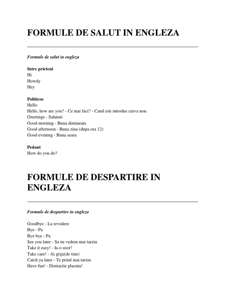 Formule De Salut In Engleza