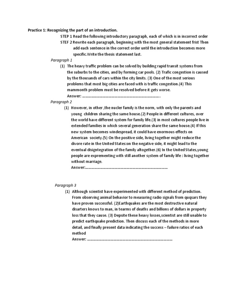 Paragraph 1: Practice 1: Recognizing The Part of An Introduction | PDF