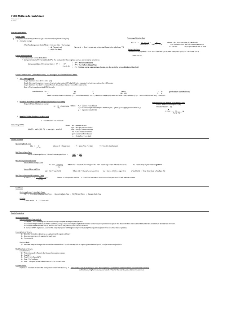 FM II Midterm Formula Sheet | PDF | Cost Of Capital | Net Present Value