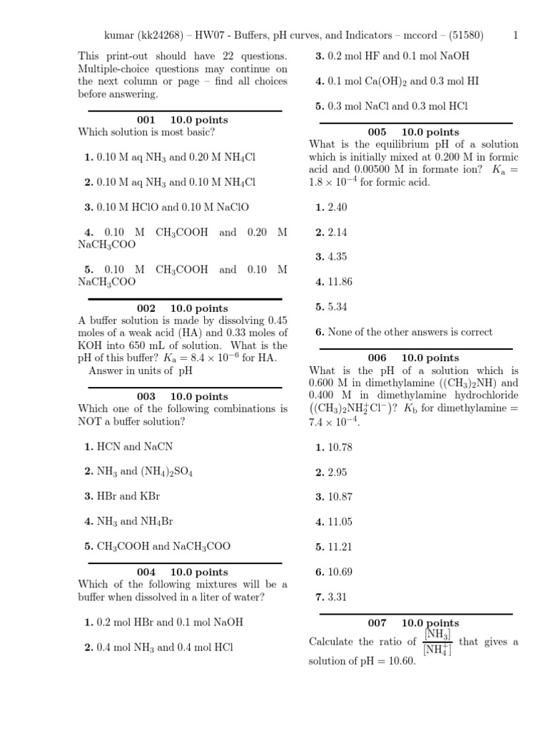 HW07 Buffers, PH Curves, and IndicatorsProblems PDF Ph Titration