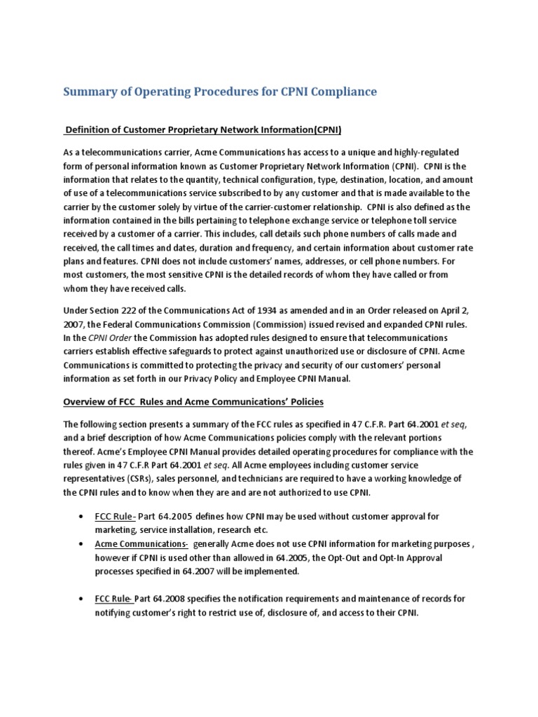 CPNI Compliance Operating Procedures | PDF | Federal Communications ...