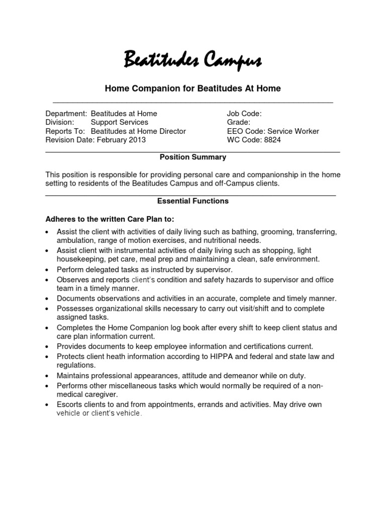 Home Companion Job Description | PDF | Driver's License | Physical Therapy