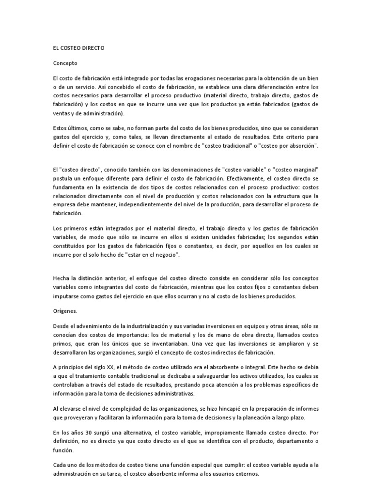 Costeo Directo: Definición y Características | PDF | Costo | Contabilidad