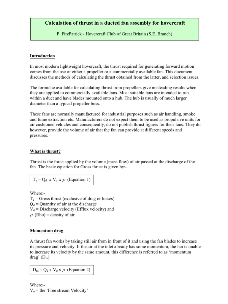 Calculation of Thrust in a Ducted Fan Assembly for Hovercarft Drag