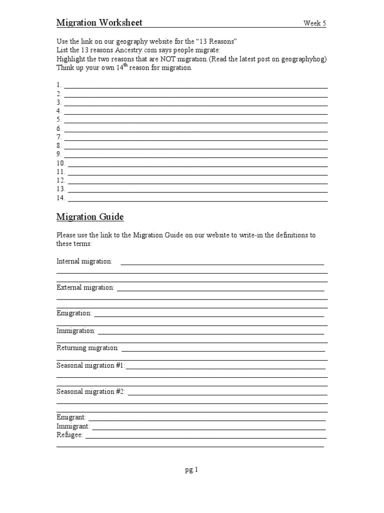 Migration Worksheet | Cultural Geography | Immigration