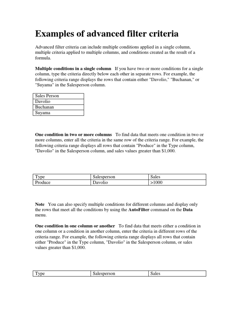 Examples of Advanced Filter Criteria Sales Formula Free 30day