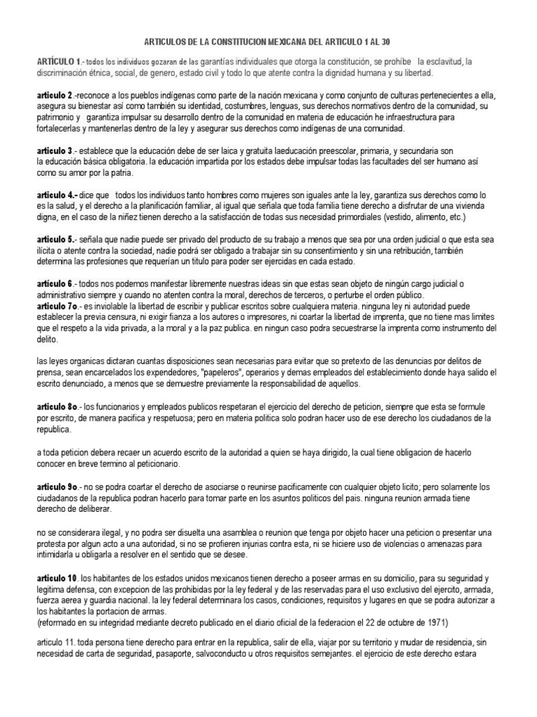 Articulos de La Constitucion Mexicana Del Articulo 1 Al 30 | PDF