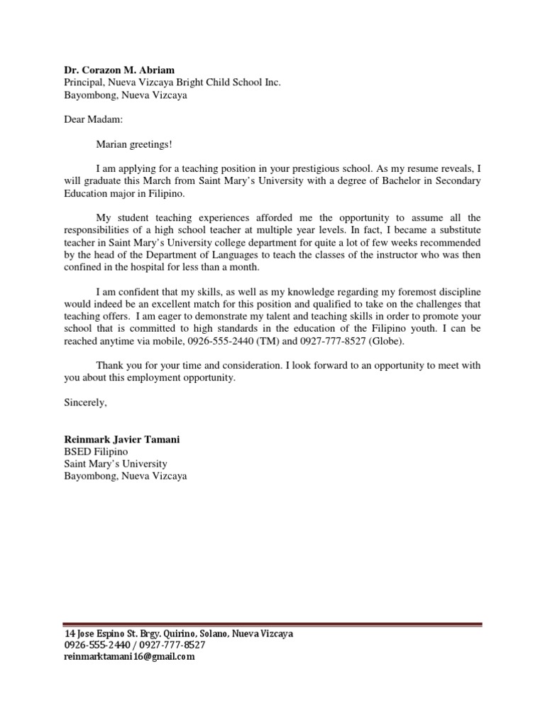 teacher application letter.pdf | Educational Stages | Teachers