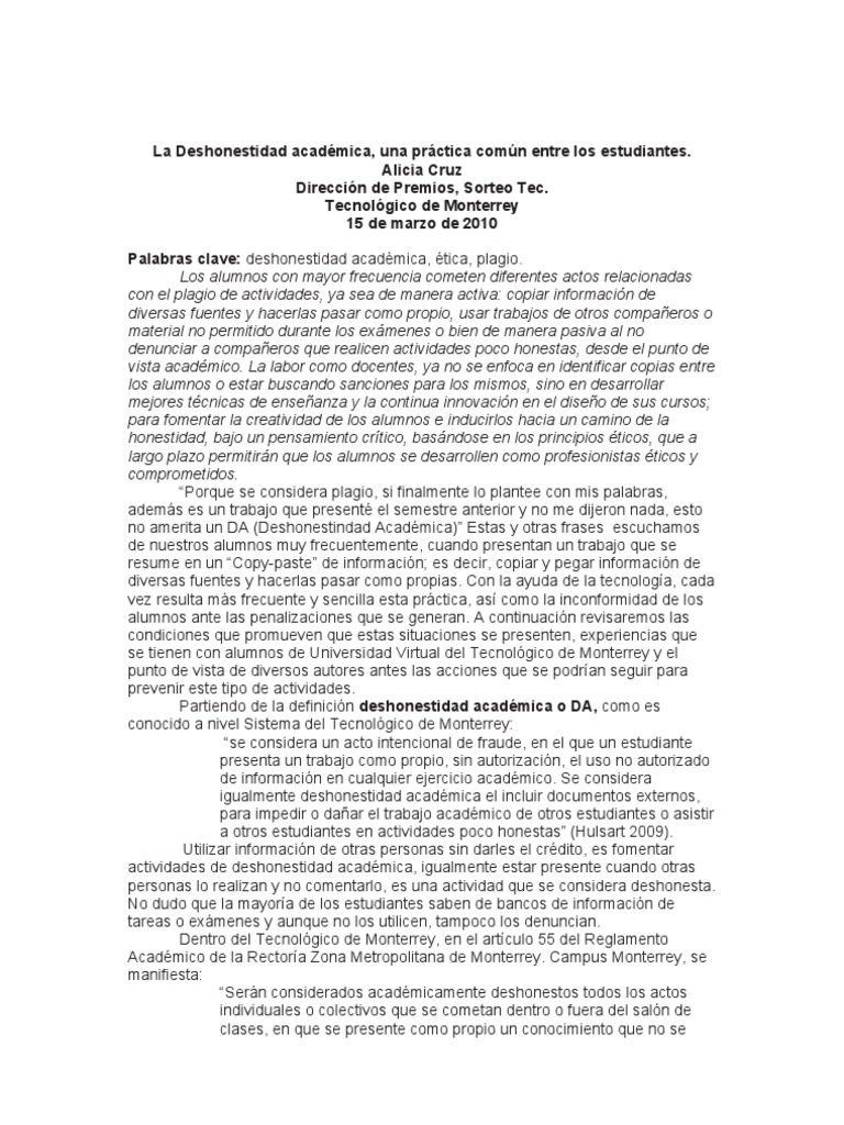 Consecuencias de la deshonestidad académica | PDF | Plagio | Prueba ...