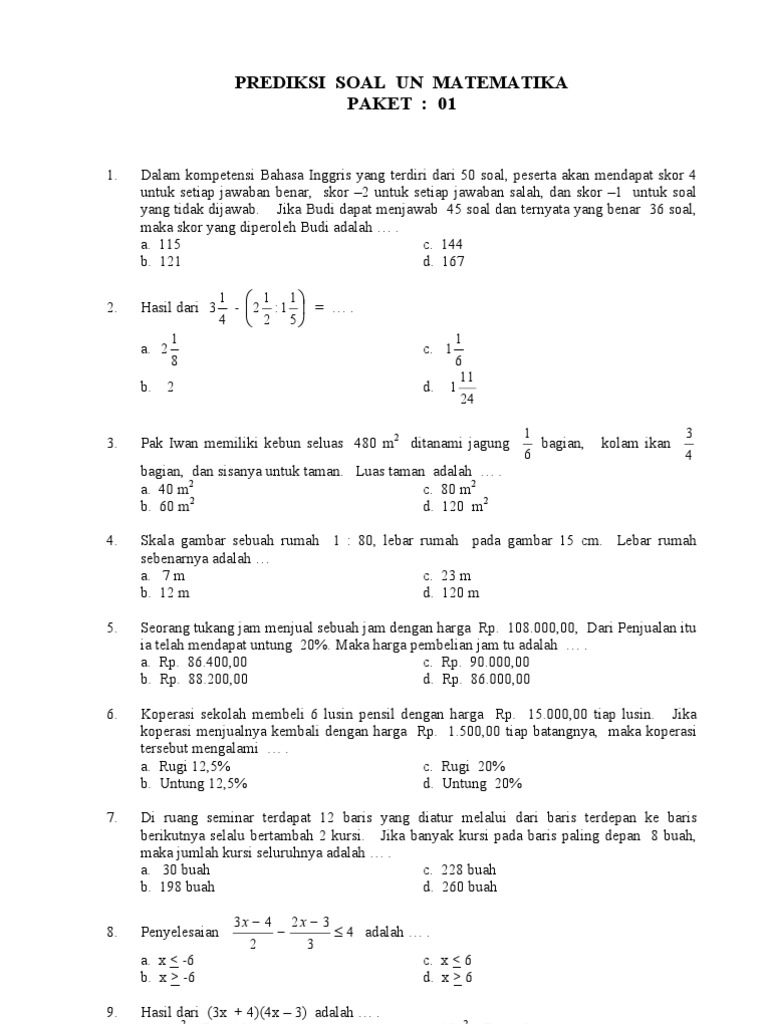 10 Paket Prediksi Uan Matematika Smp