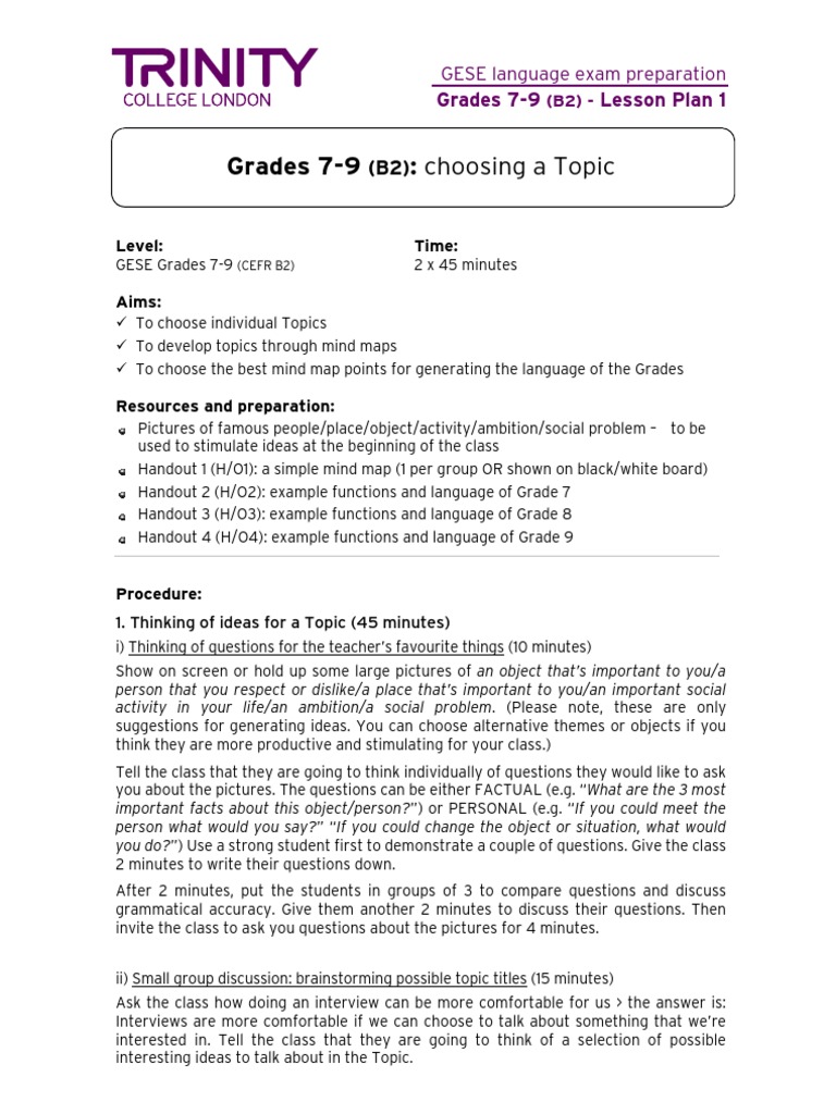 GESE B2 Lesson Plan: Topic Selection | PDF | Brainstorming | Lesson Plan
