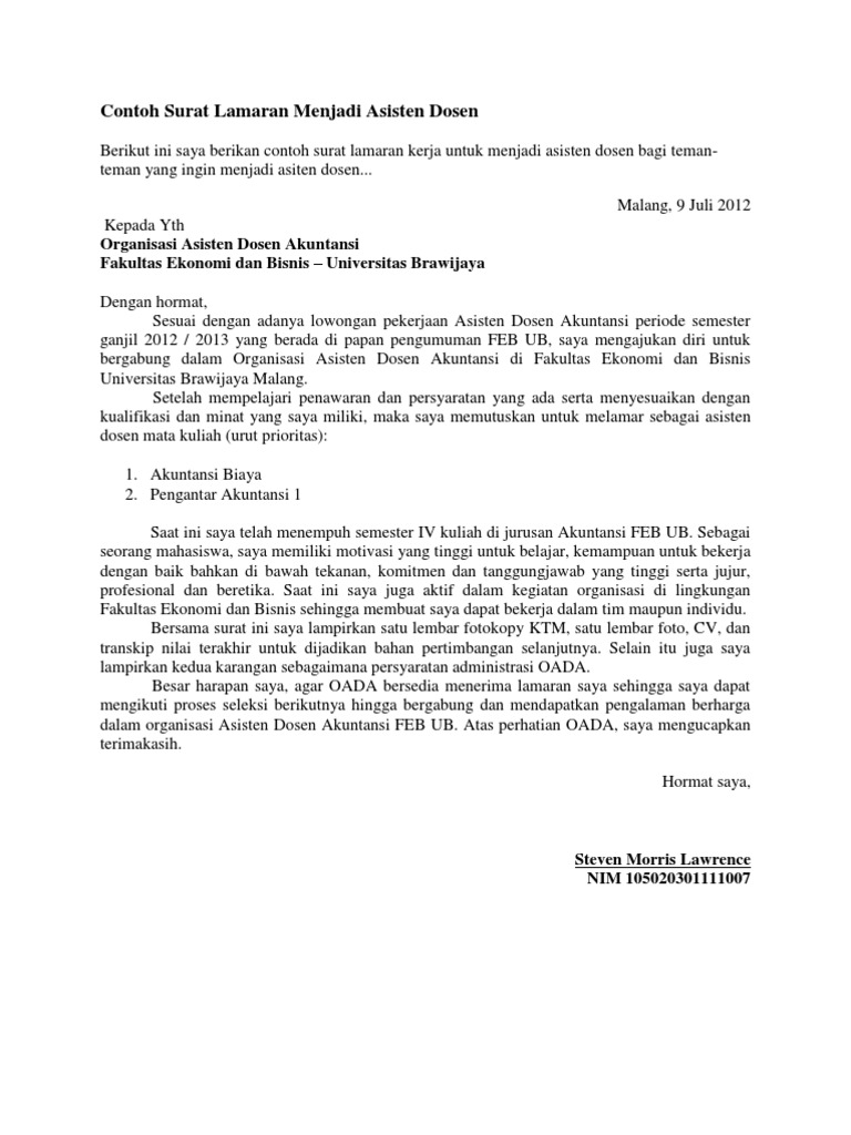 Contoh Surat Lamaran Menjadi Asisten Dosen | PDF