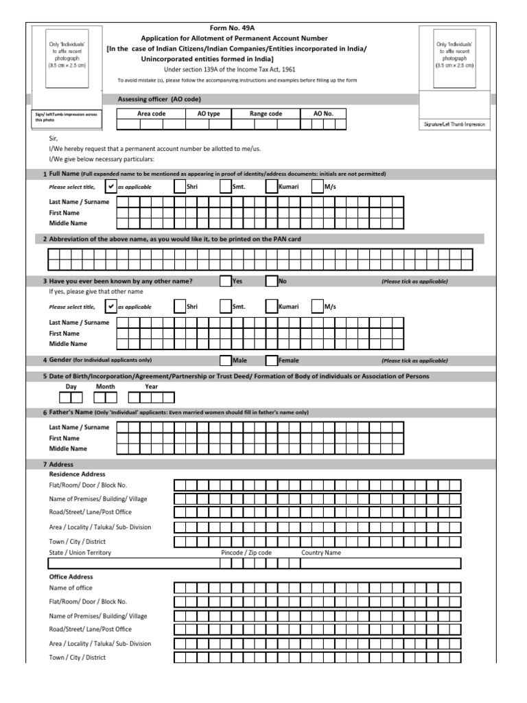New Pan Card Application Form 49a | Taxes | Social Institutions