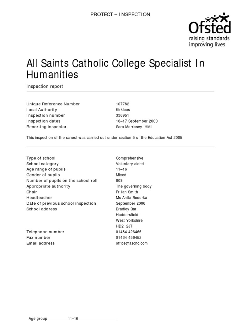 All Saints Catholic College Ofsted Report October 2009 | PDF ...
