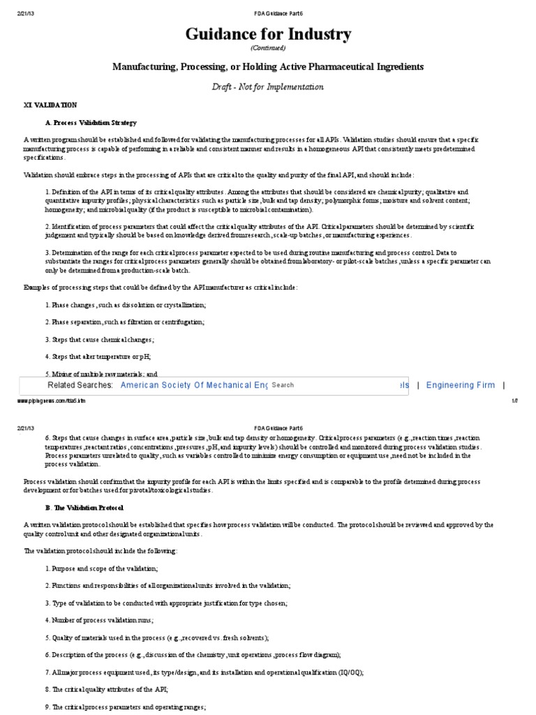 FDA Guidance on API Process Validation | PDF | Verification And ...