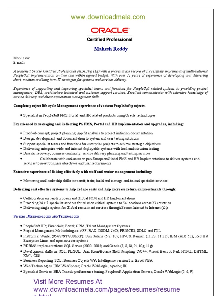 Oracle certified professional resume oracle database oracle corporation