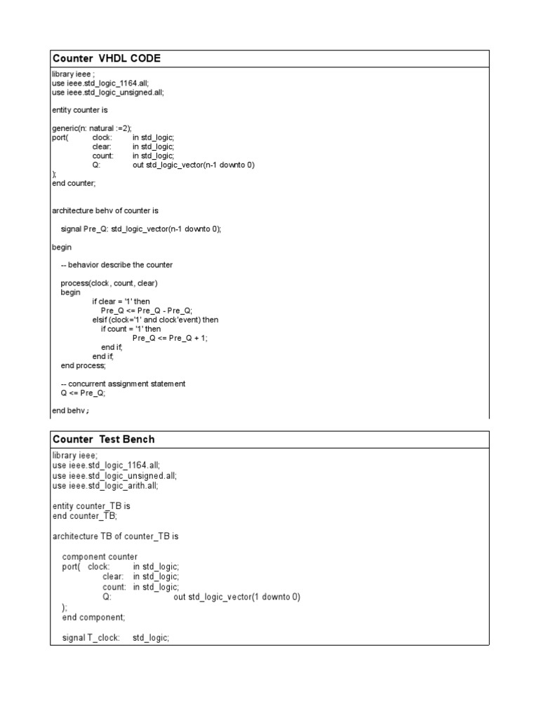 VHDL Counter Code and Test Bench | PDF