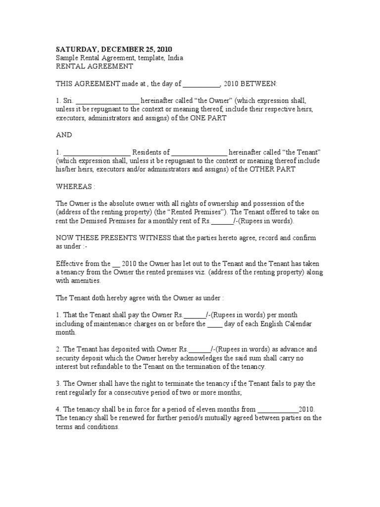 Rental Agreement India PDF Leasehold Estate Lease