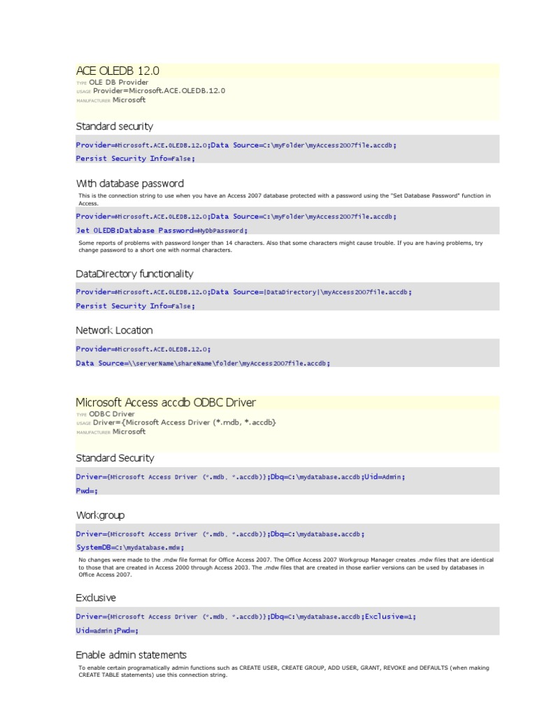 ACE OLEDB 12.0 Connection Strings Guide | PDF | Microsoft Access ...