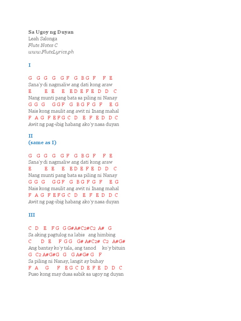 Sa Ugoy ng Duyan Flute Chords Theology