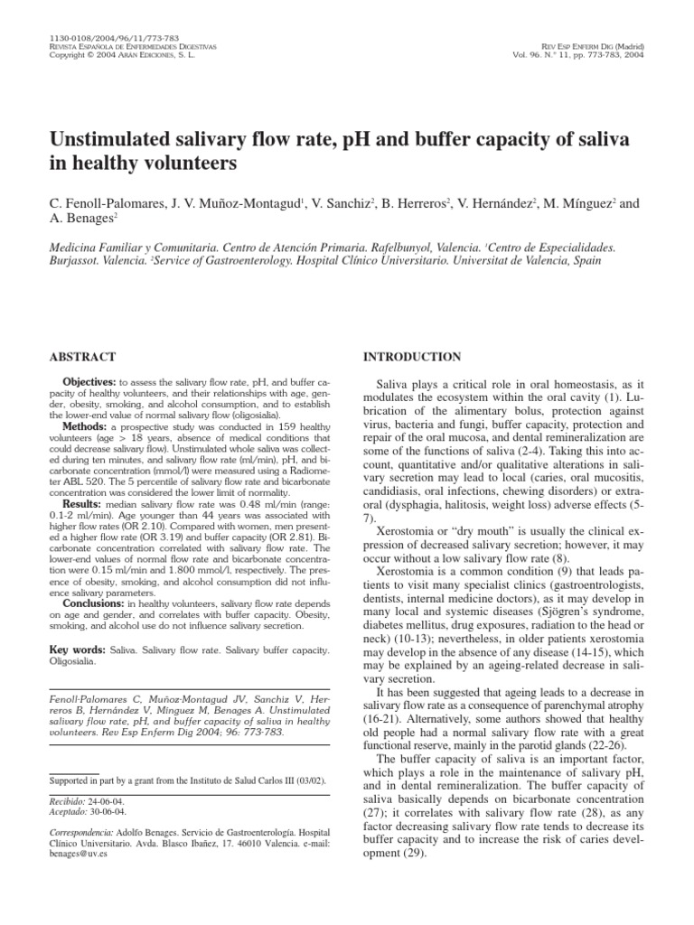 Unstimulated Salivary Flow Rate, pH and Buffer Capacity of Saliva