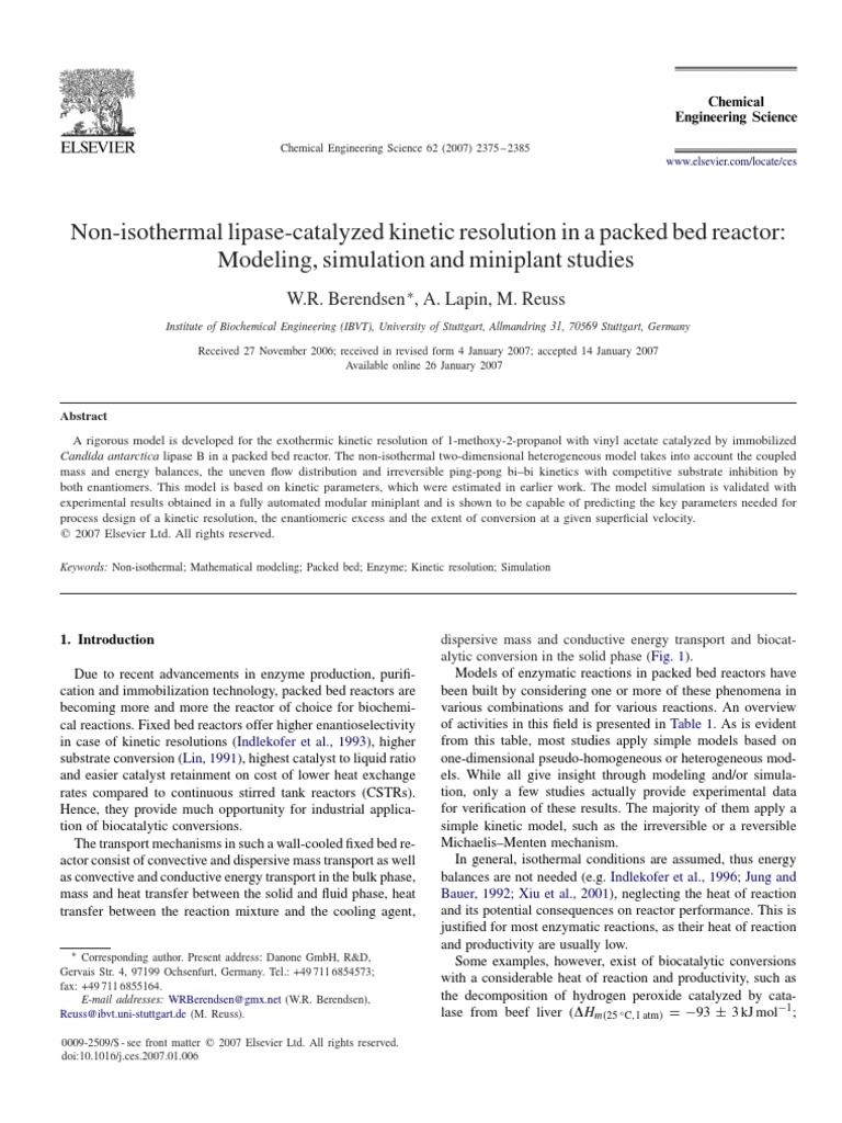 Non-isothermal lipase-catalyzed kinetic resolution in a packed bed