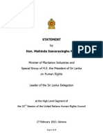 Statement Made by Hon. Mahinda Samarasinghe M.P. at 22nd UNHRC Session