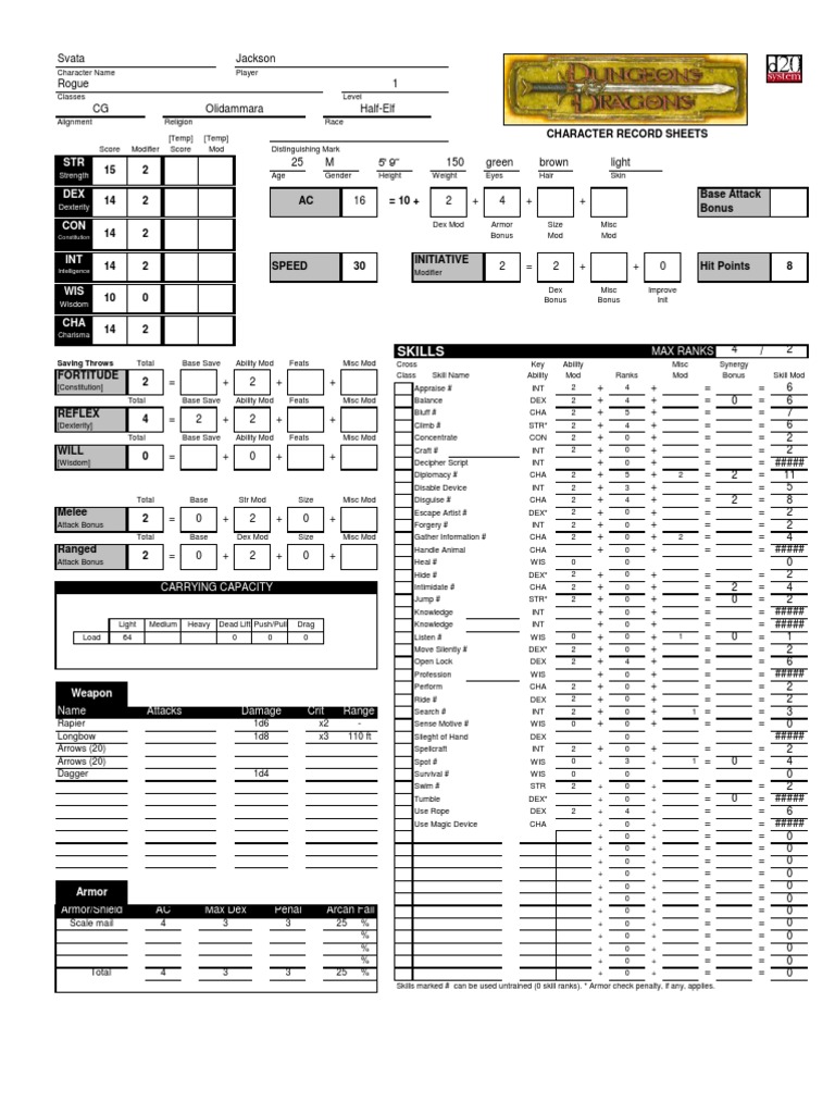 Dungeons And Dragons 35 Character Sheet Pdf Role Playing Games 