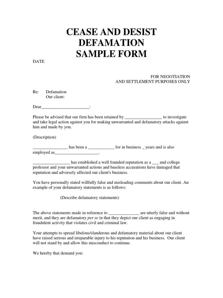 Ceast and Desist Defamation - SAMPLE FORM  PDF  Defamation In Cease And Desist Letter Template Defamation