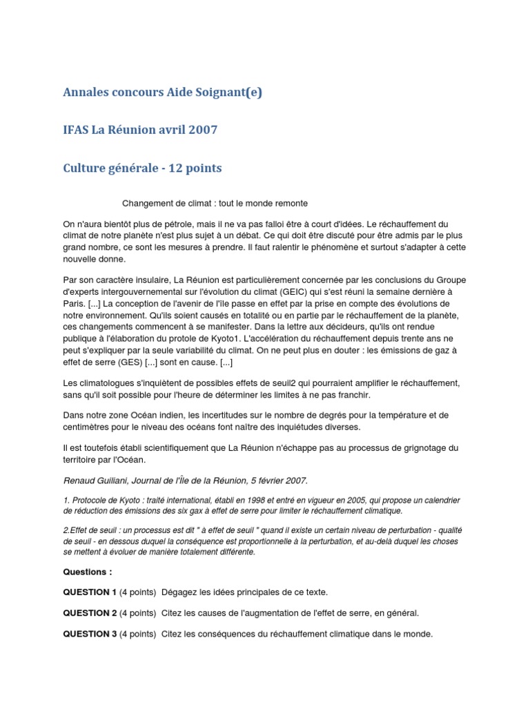 Sujet Et Corrigé Du Concours D aide Soignante Pdf Aide Soignant | PDF | Réchauffement planétaire | Problèmes environnementaux
