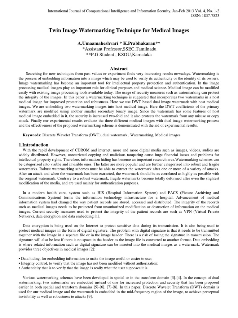 Paper-1 Twin Image Watermarking Technique For Medical Images | PDF ...