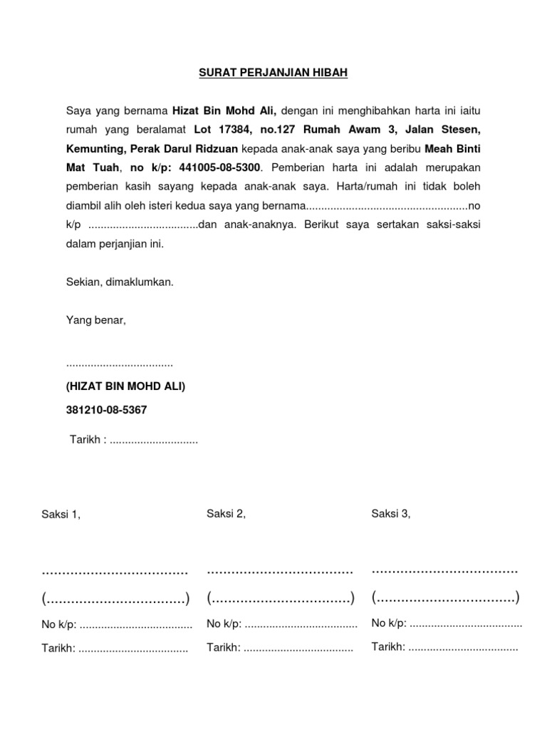 Contoh Surat Ikatan Manfaat Hibah