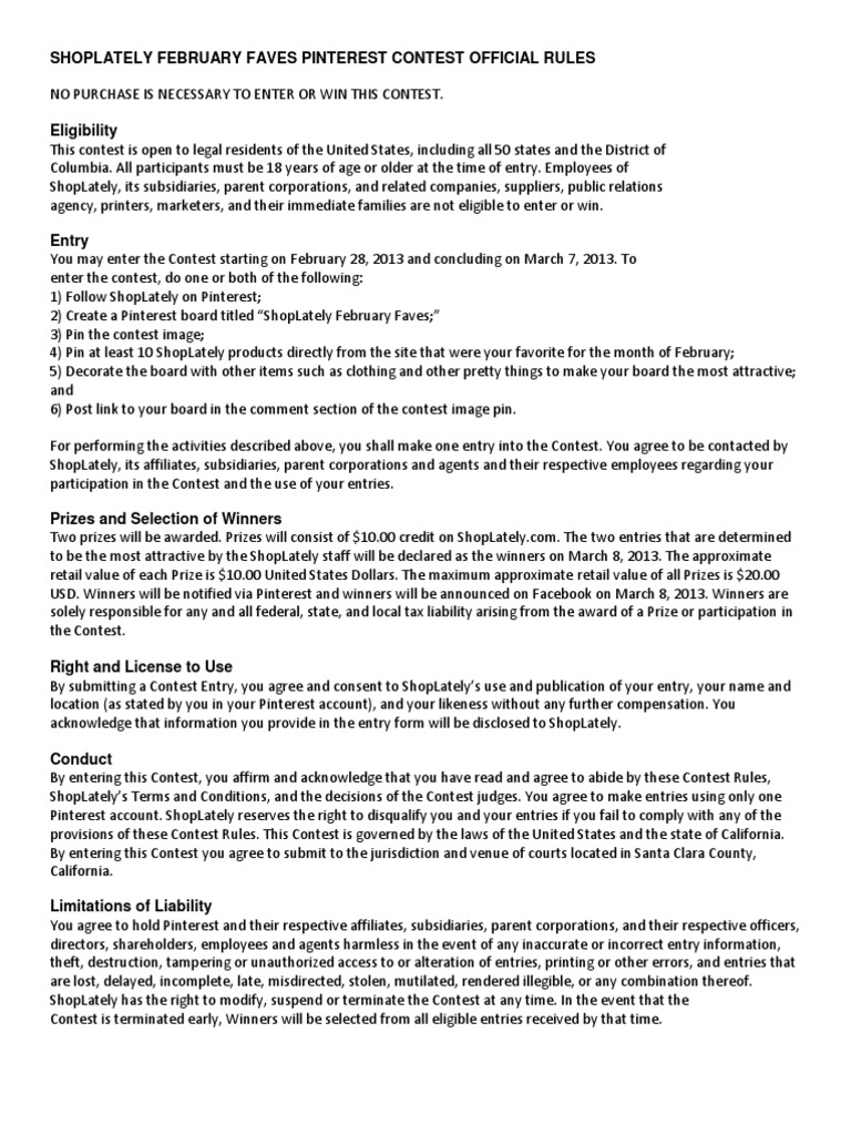 Official Contest Rules Document February Faves Pinterest Contest | PDF ...