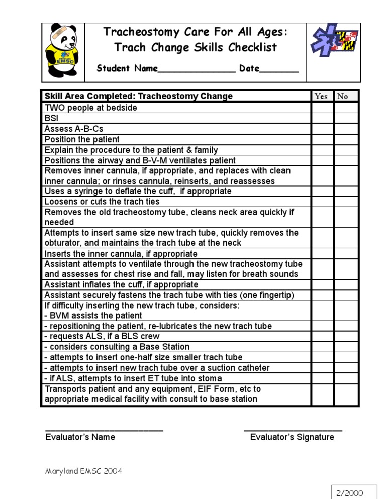Tracheostomy Care For All Ages: Trach Change Skills Checklist | PDF