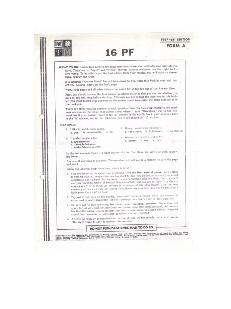 16 Pf Question Booklet