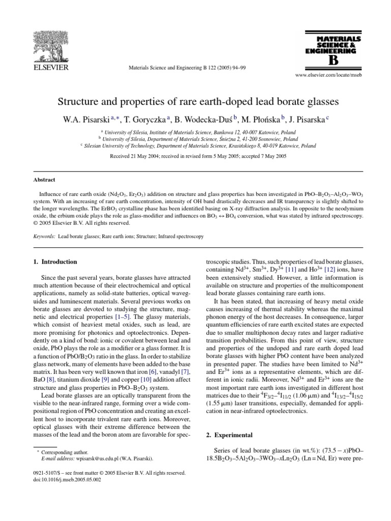 Structure and Properties of Rare Earthdoped Lead Borate Glasses