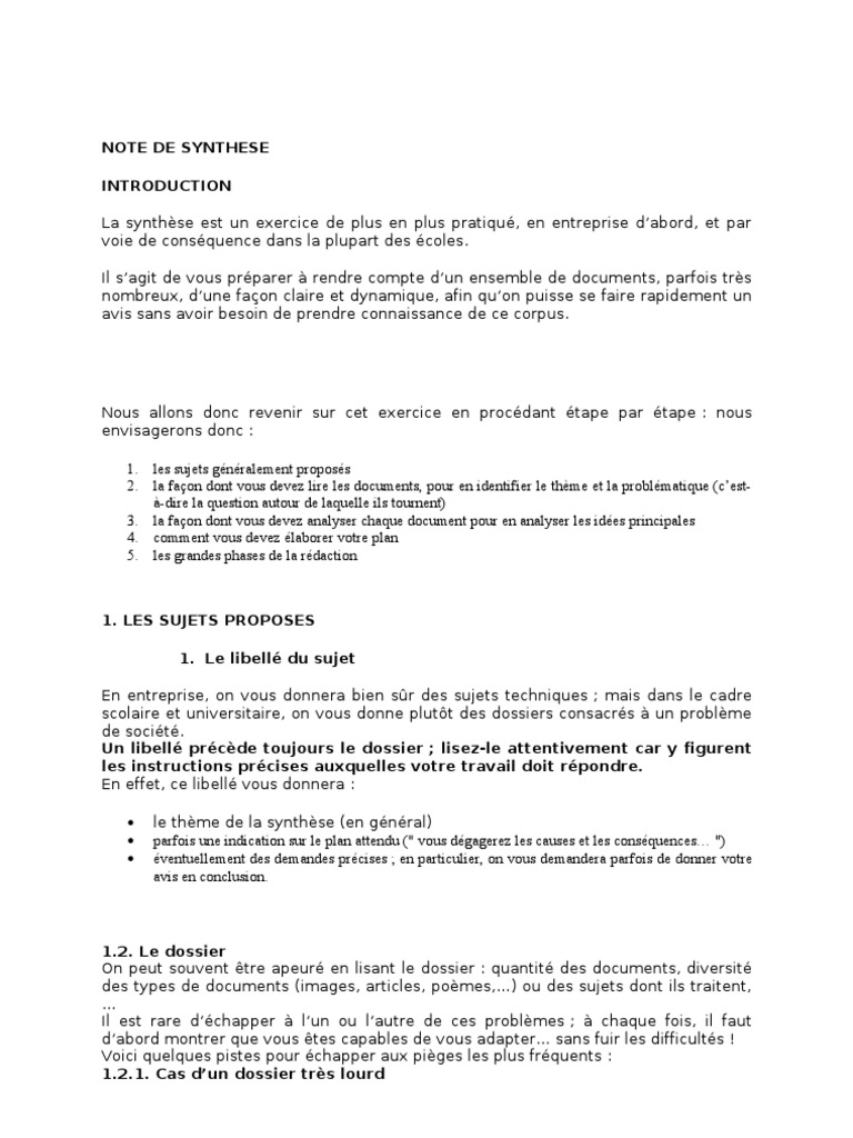 La Note De Synthese Pdf Document Logique