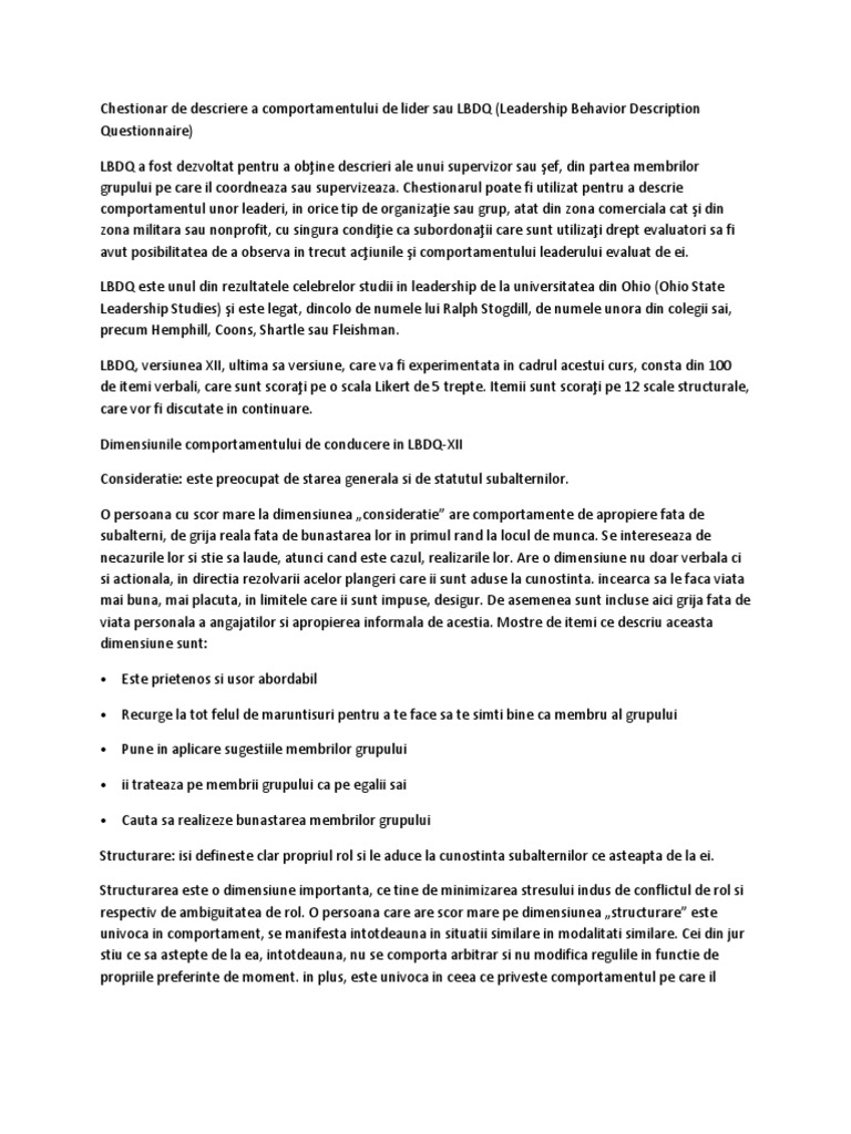 NeChestionar de Descriere A Comportamentului de Lider Sau LBDQ ...