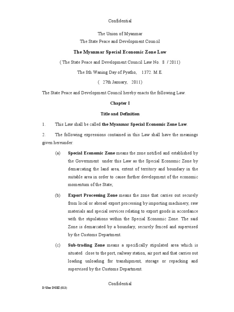 The Myanmar Special Economic Zone Law | Download Free PDF | Taxes | Exports
