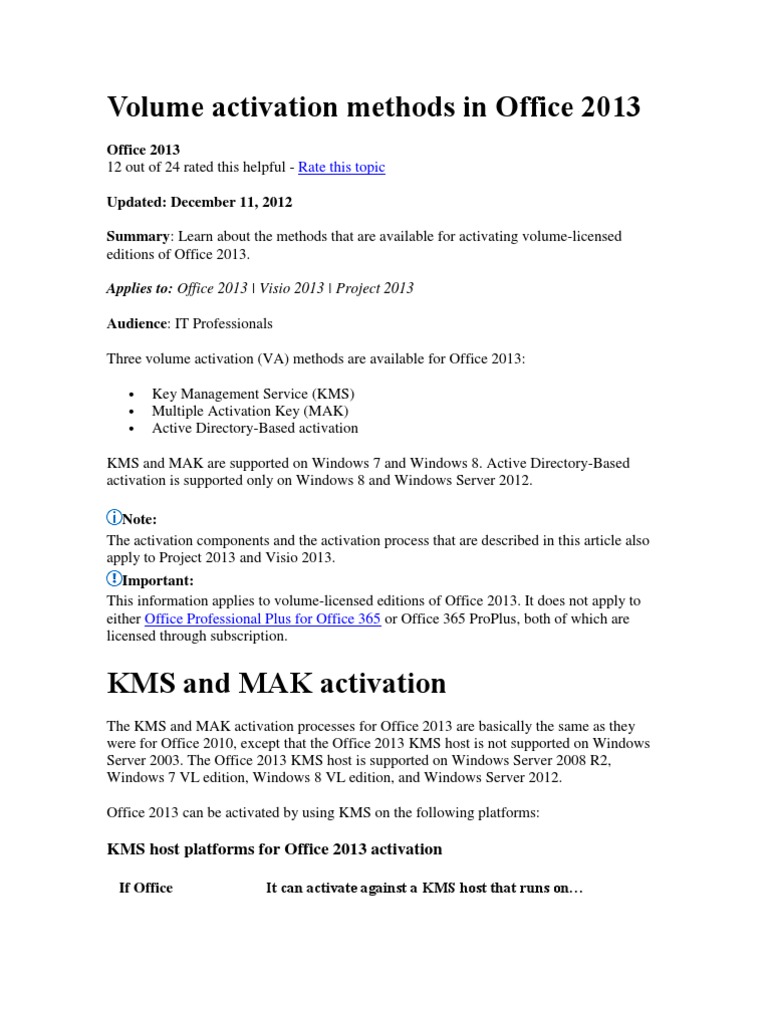 Volume Activation Methods In Office 2013 Microsoft Office 2013