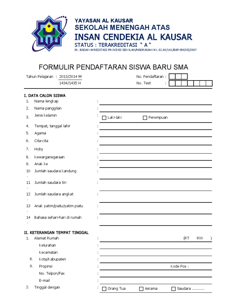 Formulir Pendaftaran SMA | PDF