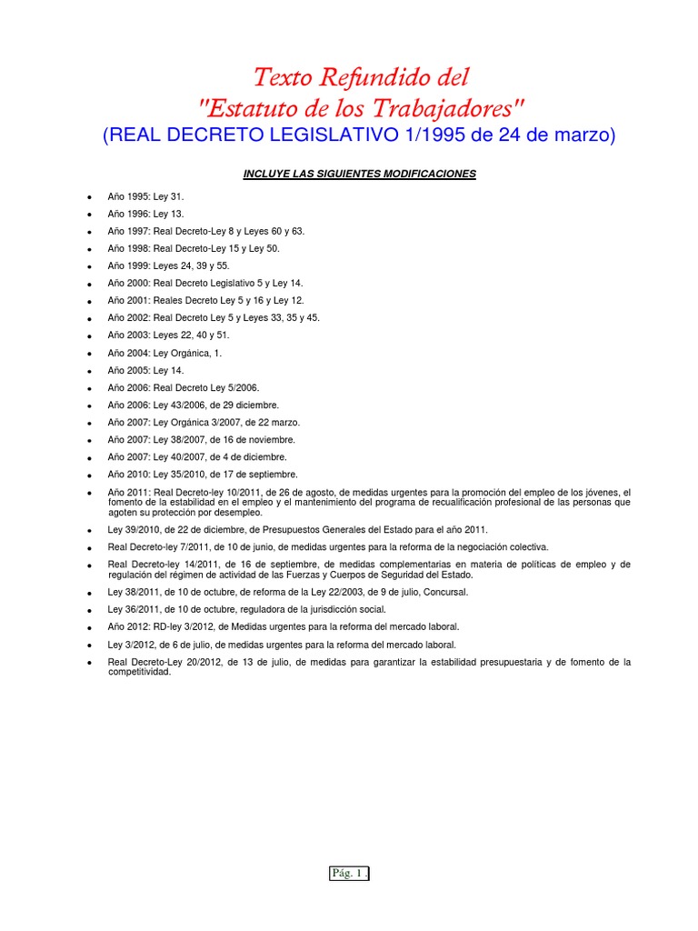 Estatuto de Los Trabajadores Actualizado Derecho laboral Salario
