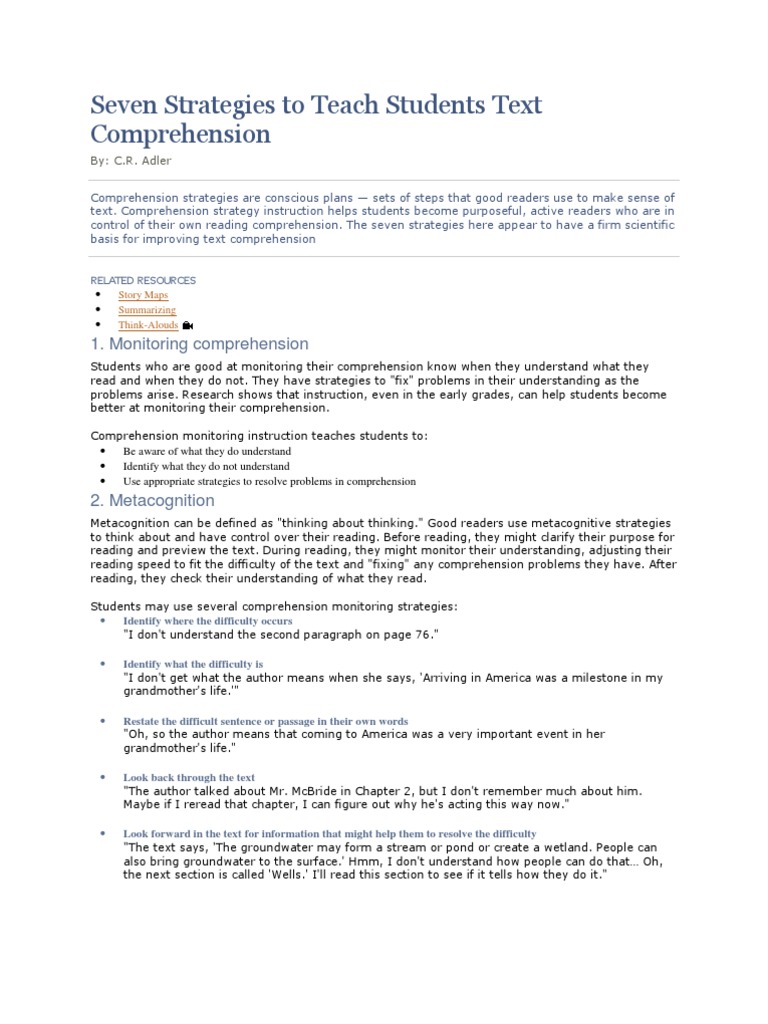 Seven Effective Text Comprehension Strategies | PDF | Reading ...