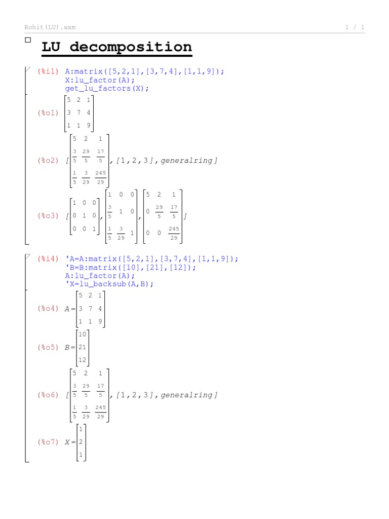 LU Decomposition: A:matrix ( (5,2,1), (3,7,4), (1,1,9) ) X:lu - Factor ...