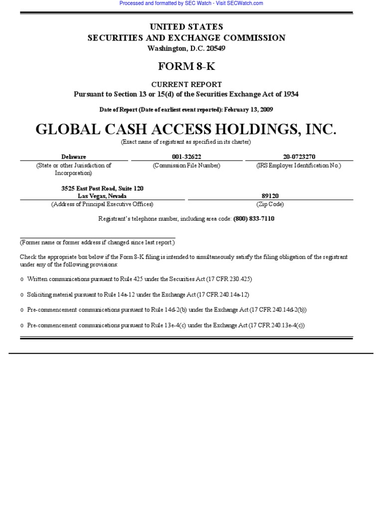 Global Cash Access Holdings, Inc. Form 8K PDF Financial
