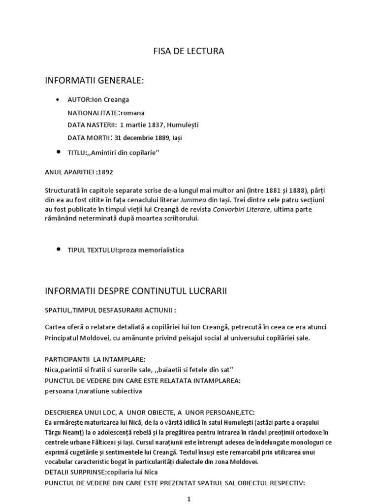 49550111 Fisa de Lectura Diana Amintiri Din Copilarie Ion Creanga