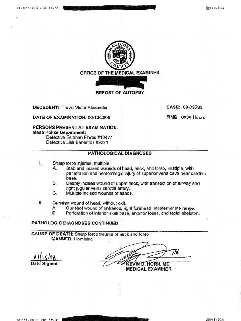 Redacted Travis Alexander Autopsy Report PDF Violence Against Men