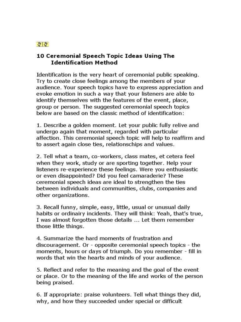 10 Ceremonial Speech Topic Ideas Using The Identification Method.doc